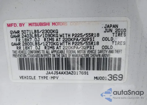 2010 Mitsubishi Outlander Xls из США, поврежденный, VIN JA4JS4AX3AZ017691